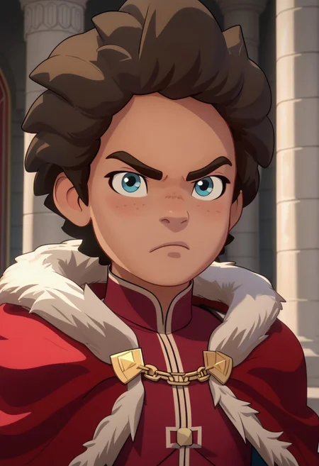 Score_9, Score_8, Score_7, TDPStyle, Ezran, Young, Young Ezran, King Outfit, Fur Trimmed Cape, Gold Diadem, Blue Eyes, bust shot, determined face, stone pillars,