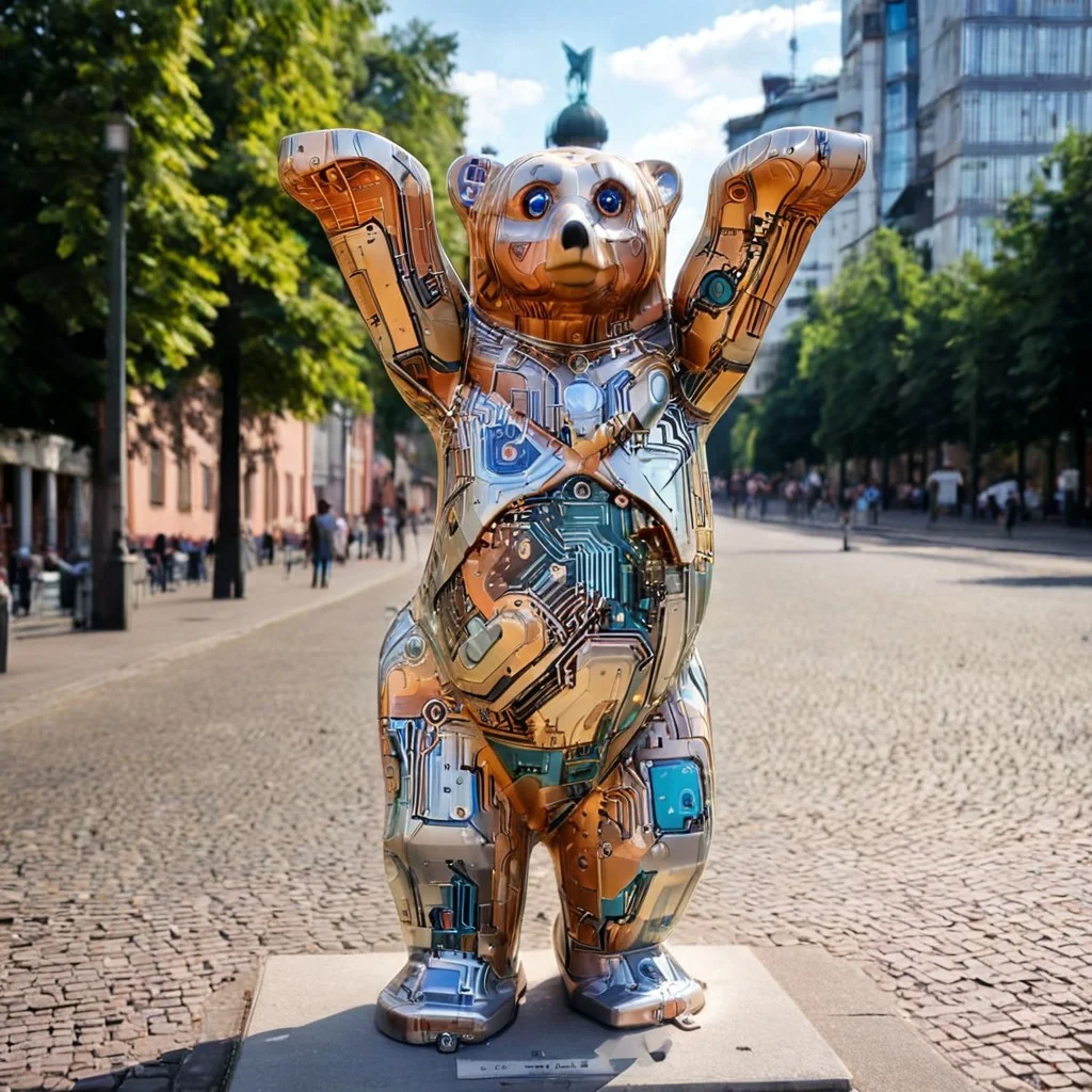 buddy Bear in Berlin,
best quality, photo of a buddy Bear, BuddyBear,
Berlin BuddyBear, sightseeing in Berlin,
wm_cyber, cyber Bear sculpture,
buddy Bear made of circuits,
circuits material BuddyBear, Cybernetic Style buddy Bear.
beautiful background in Berlin, blurry city background, cybersteam city,
sunny day, Summer day.