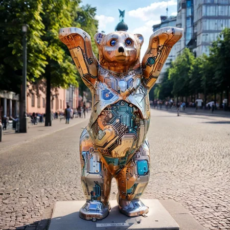 buddy Bear in Berlin,
best quality, photo of a buddy Bear, BuddyBear,
Berlin BuddyBear, sightseeing in Berlin,
wm_cyber, cyber Bear sculpture,
buddy Bear made of circuits,
circuits material BuddyBear, Cybernetic Style buddy Bear.
beautiful background in Berlin, blurry city background, cybersteam city,
sunny day, Summer day.