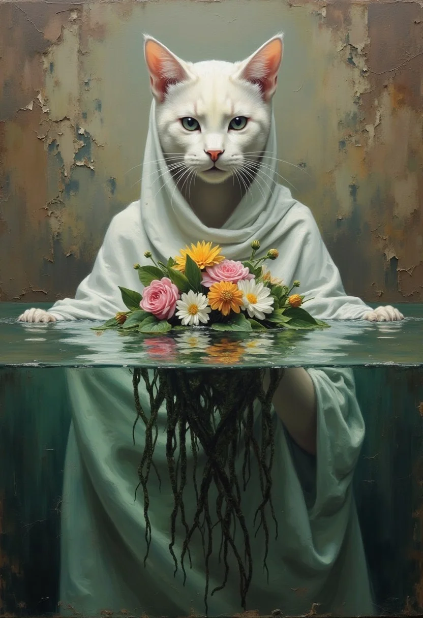 This is an artheon style painting that merges the surreal with the abstract. The scene depicts a white cat dressed in a loose, flowing white shroud. It is submerged in water. Only the head is above the water surface. The cat appears to be in a state of deep contemplation, her eyes closed and her face expressionless. Under her chin an intricate, colorful bouquet of flowers is floating. The flowers include vibrant pink, yellow, and white blossoms with green leaves, adding a striking contrast to her pale skin. Long, dark green tendrils of seaweed-like material also descend underwater from the flowers, giving a sense of movement and fluidity. The background is a muted, earthy brown, with visible cracks and peeling paint, suggesting an aged, weathered surface. The water around the woman is a deep, rich green, with subtle reflections and ripples that enhance the sense of depth and immersion. The overall composition is balanced and harmonious, blending the serene, almost ethereal quality of the woman with the rugged, textured background.