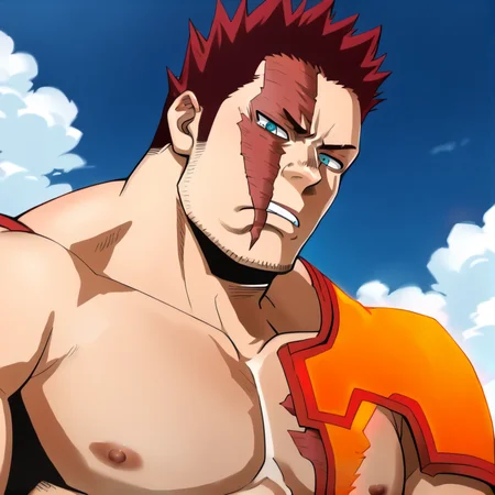 score_6_up, solo, portrait, chest up, low angle, enji, endeavor, red hair, short hair, scar on face, scar on eye, stubble, sky blue gradient eyes, muscular, pecs, nipples, shirtless, <lora:Rycanthropy_v2:0.8> by rycanthropy, <lora:Todoroki_enji_Endeavor:1>