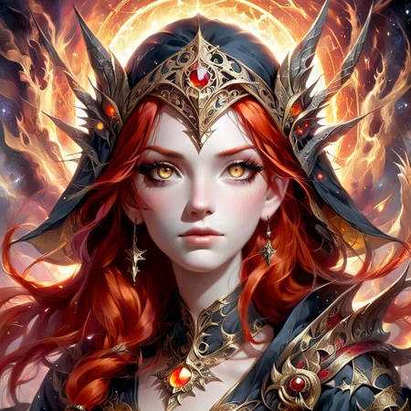 a witch with bright red hair, golden eyes, wearing a intricate headpiece