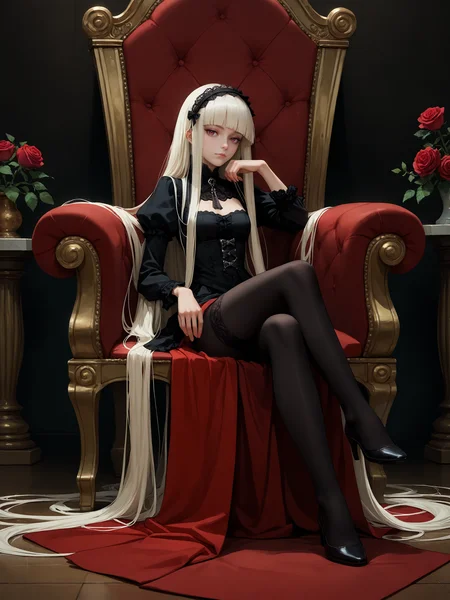 score_9, score_8_up, score_7_up, score_6_up, score_5_up, score_4_up, source_anime,
1girl, hime style hair <lora:hime_style_hair-PD-1.0-pruned:1>, white hair, lace hairband, gothic fashion, red eyes, looking at viewer,
throne, reclining, rose, (absurdly long hair), ((hair flowing over)), (floor hair), tights, bored