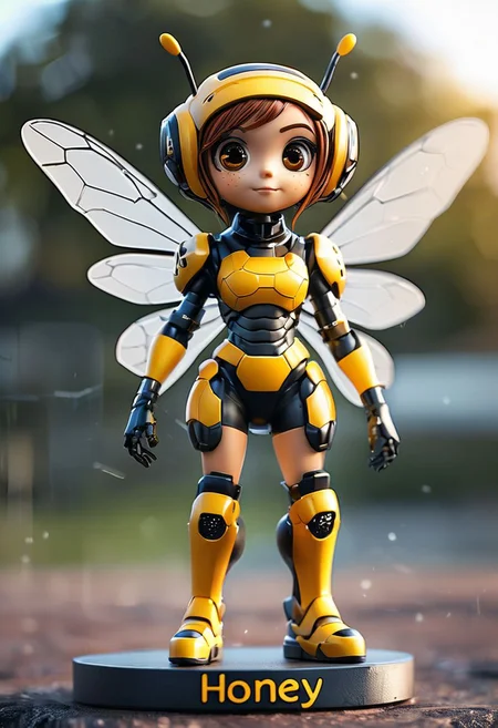 cinematic photo cyborg bee girl, manga girl, "Honey" written, 35mm photograph, film, bokeh, professional, 4k, highly detailed