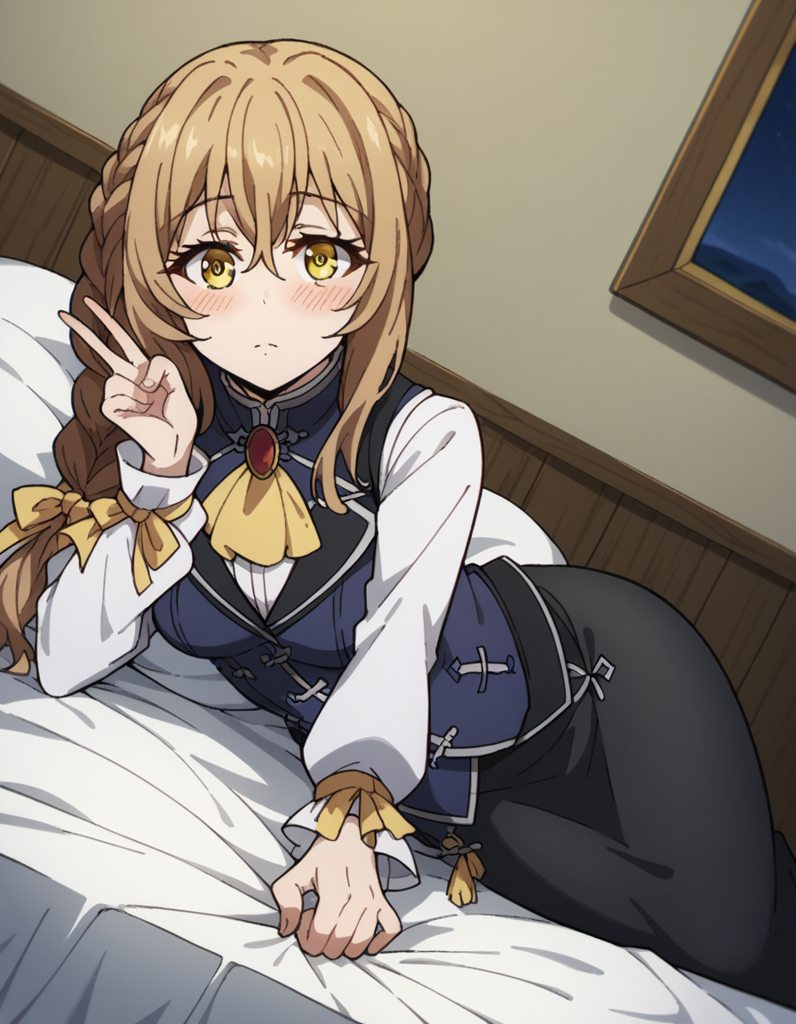 score_9, score_8_up, score_7_up, source_anime, <lora:guild-girl-s2-ponyxl-lora-nochekaiser:1>, guild girl, long hair, brown hair, yellow eyes, braid, single braid, medium breasts, skirt, shirt, long sleeves, white shirt, pantyhose, black skirt, vest, long skirt, yellow ribbon, ascot, yellow ascot,, indoors, bed, bed room, on side, blush, drunk,, , looking at viewer, v, v over eyes,, solo,, cowboy shot, dutch angle