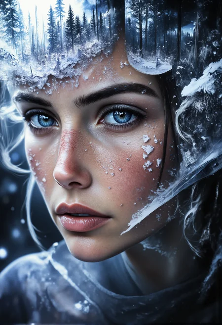 aidmaMJ6.1, darkcore, Jeddblexpsre,double exposure, ethereal. A close-up shot of a breathtaking young womanâs face, where her facial features are softly blended with an ethereal overlay of falling snowflakes. Her piercing blue eyes and delicate skin textures are visible through the translucent silhouette of the forest, creating a dreamy, surreal double exposure effect. The icy crystals on the hood of her light blue medieval cloak merge harmoniously with the natural elements. The soft lighting highlights both the woman and the superimposed scene, while shadows and highlights enhance the depth, giving the composition a balanced, thought-provoking appearance., <lora:FluxDFaeTasticDetails.safetensors:1.0:1.0> <lora:aidmaMJ6.1-FLUX-V0.2.safetensors:1.0:1.0> <lora:Flux DoubleExposure_epoch_1.safetensors:1.0:1.0> <lora:NebulaNexus_v1.safetensors:0.7000000000000001:0.7000000000000001>