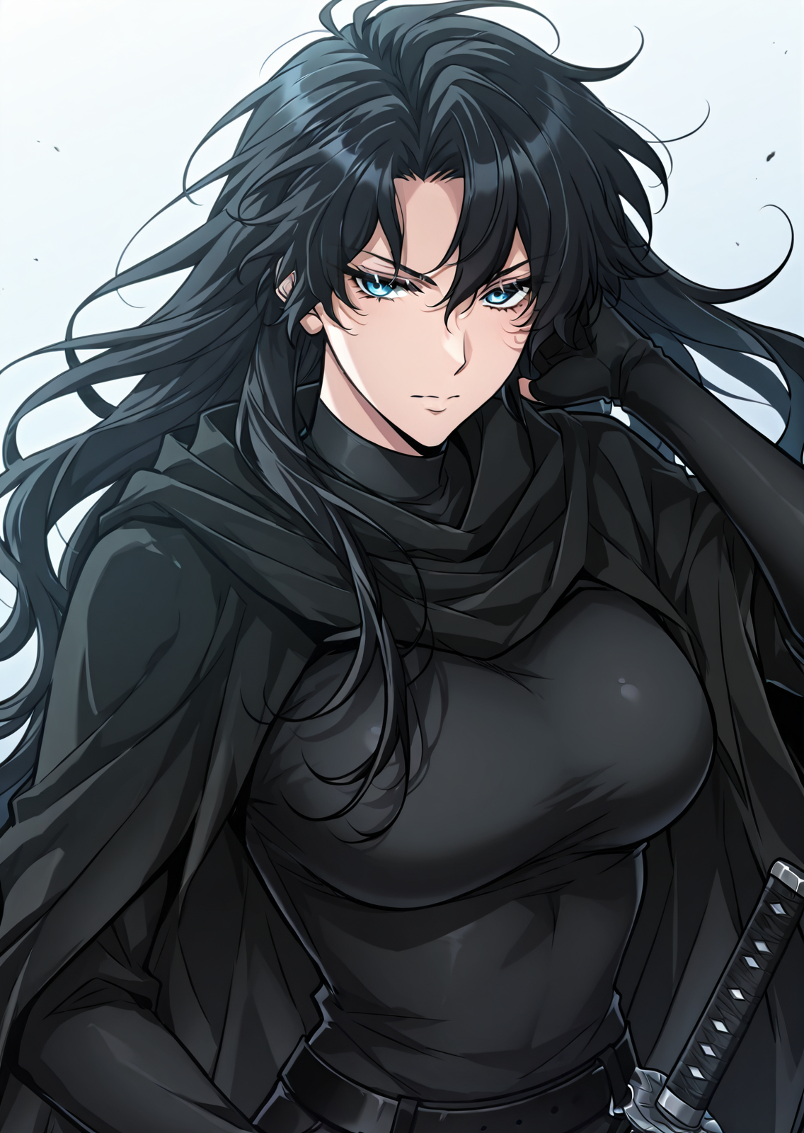 <lora:Omniscient_Readers_Viewpoint__Yoo_Joonghyuk_Female:1>
1girl, solo, black hair, long hair, wavy hair, loose hair, blue eyes, 
black outfit, black cloak, black long coat, cape, tight suit, black belt, black gloves, black pants, black boots, tactical outfit, katana, sword, sword sheath,
score_9, score_8_up, score_7_up, score_6_up, source_anime, rating_explicit, masterpiece, best quality, intricate details, gothic fantasy, upper body portrait, dramatic pose, confident gaze, cinematic lighting, clean background, glowing magical particles, detailed face, vibrant colors