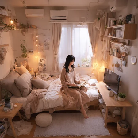 best quality, ultra-detailed,
JJROOM, scenery, indoors, window, table, bed, lamp, chair, cup, black hair, book, pillow, curtains, blanket, sitting, couch, rug, bedroom, mug, 1girl, ceiling light,
<lora:jyoshi_no_heya_SDXL_V1:1>