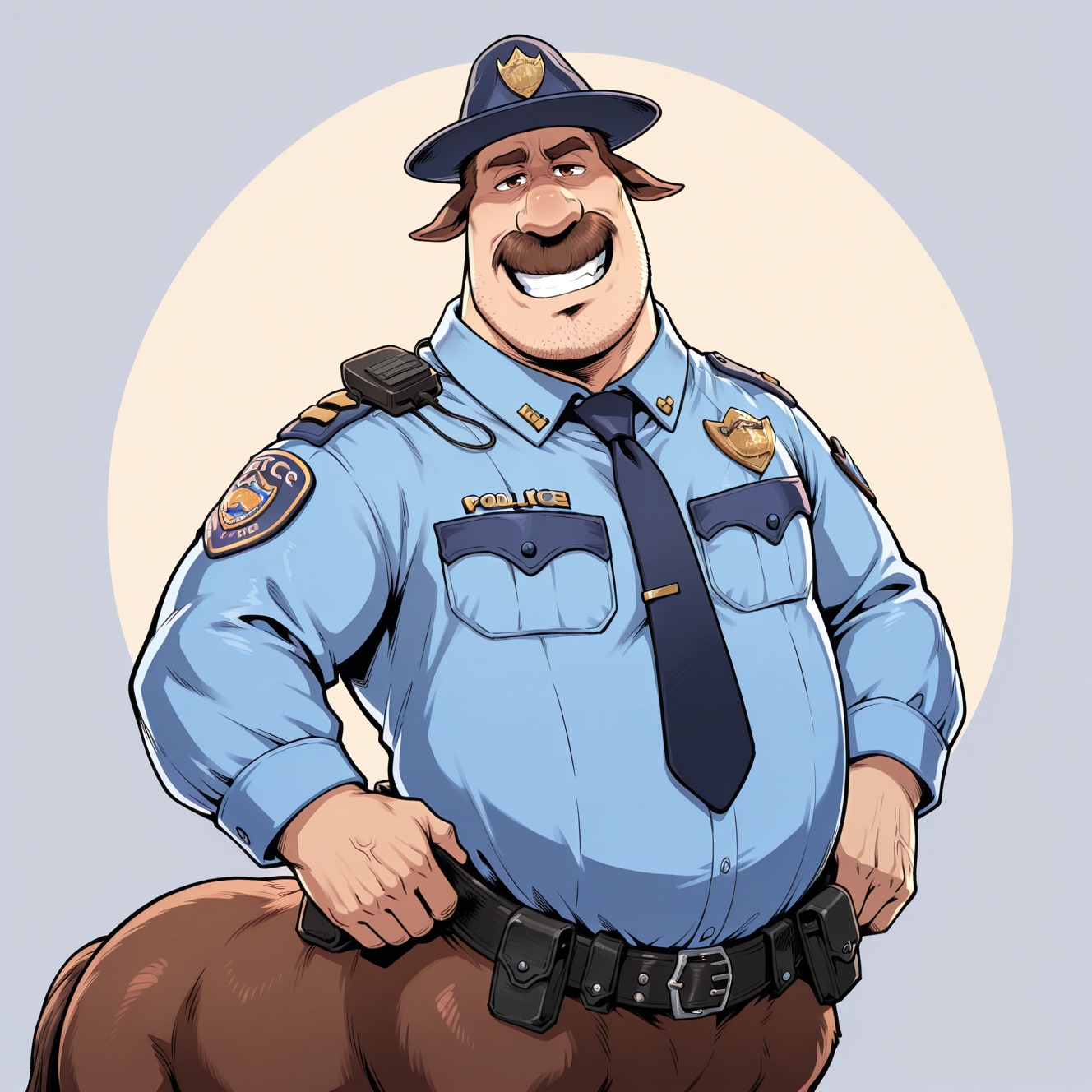coltbronco, centaur, solo, police uniform, necktie, police hat, police badge, walkie-talkie, looking at viewer, covered mouth, cowboy shot, hands on belt, smirk