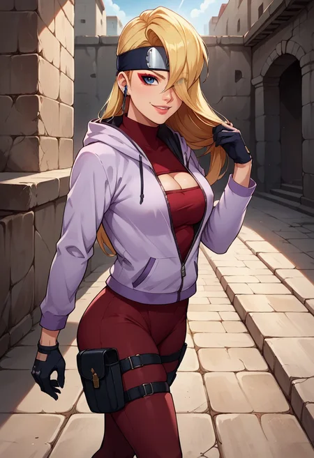 YodoBNNG, 1girl, solo, fair-skinned girl, blonde hair, long hair, unruly hair, hair between eyes, hair over one eye, large bang, forehead protector, dark blue eyes, lips, large breast, cleavage cutout, clothing cutout, hood, hoodie, jacket, half-unzipped hooded light purple jacket, dark red full-body suit, black gloves, sandals, toeless footwear, earbuds, bandages around her ankles, bandages right thigh, makeup, thigh pouch,
seductive pose, sexy pose, tease, in the spotlight,,
smile,ruins,
score_9, score_8_up, score_7_up, beautiful aesthetic, very intricate, high quality details,vibrant, highly detailed, award-winning, professional,anime artwork, anime style, studio anime, athletic, curvy body, athletic girl, perky tits,large breast,perfect tits, round breasts, nipple outline,looking at viewer, pinup pose,teasing, dynamic lighting, cinematic, smug, better than you, aura of temptation, highly detailed, high resolution, masterpiece, detailed clothes, detailed background, highly detailed, ((sound effects)) comic layout,