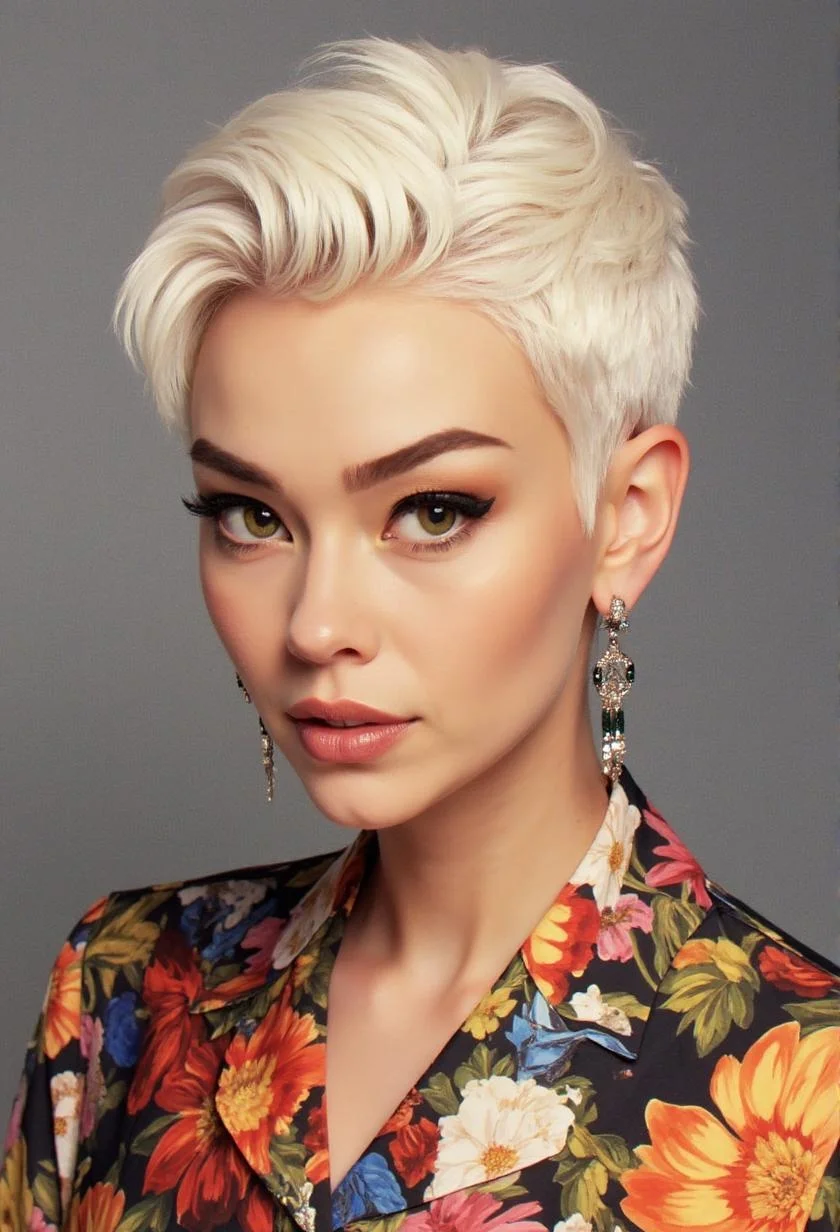 <lora:ck-LttleGhost-000011.safetensors:1> in the style of ck-lttlegh0stA platinum blonde woman with a chic pixie haircut wears bold, chandelier earrings and a vibrant floral-patterned blouse that accentuates her sharp features and confident demeanor.
