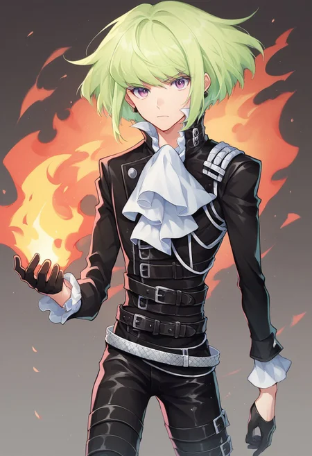 score_9, score_8_up, score_7_up, source_anime, highly detailed,
lio, 1boy, solo, gloves, male focus, black gloves purple eyes, black jacket, ascot,
jacket, green hair, fire, belt, earrings, half gloves, pyrokinesis, jewelry,
biker clothes, looking at viewer, multiple belts