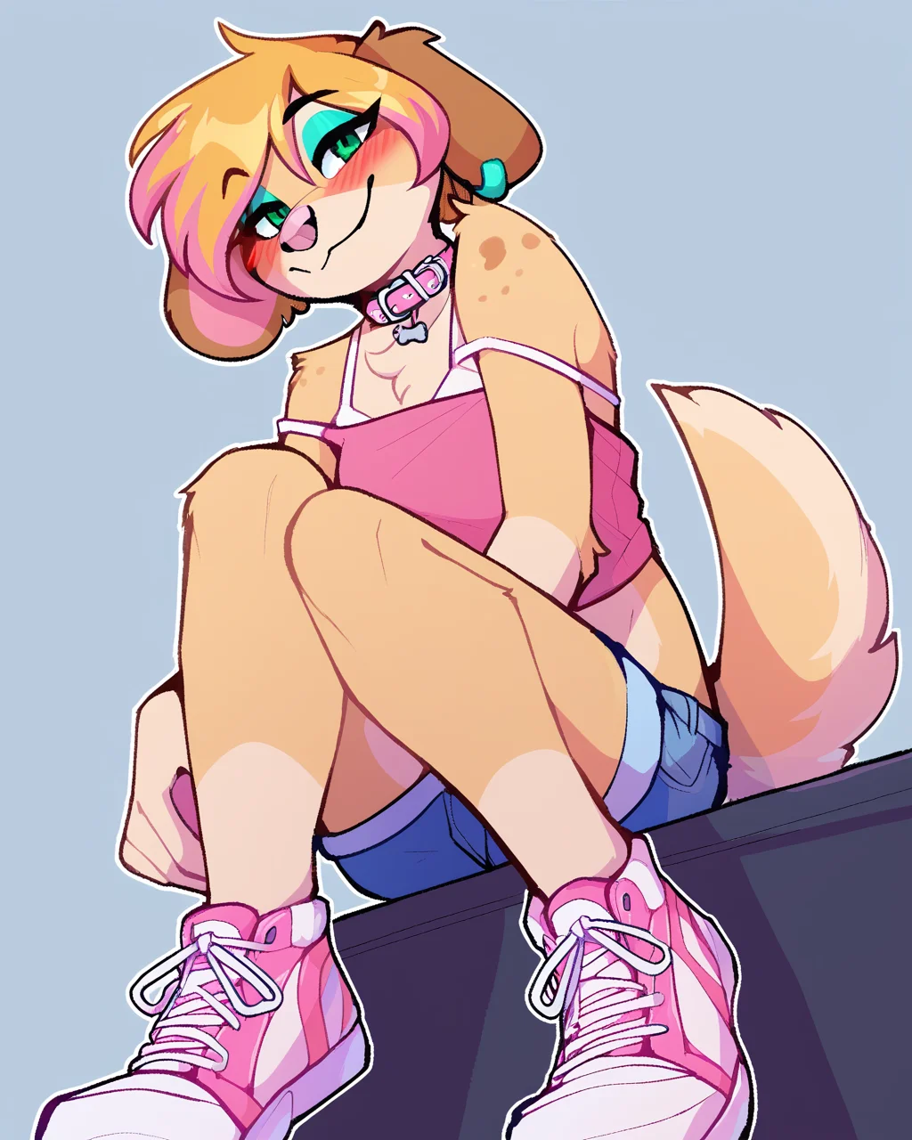 score_9_up, score_8_up, score_7_up, score_6_up, by remanedur, blonde hair, highlights, medium breasts, tan fur, green eyes, pink collar, pink nose, ear piercing, eyeshadow, multicolored hair, furry female, female, furry, looking at viewer, solo, dog, bedroom eyes, blush, smile, three-quarter view, sneakers, head tilt, white denim shorts, bare shoulders, pink shirt, off shoulder, bra strap, midriff, tail, low-angle view, sitting, simple background, white outline, <lora:Leah_Pines(AIM)_XL_v1:0.15> <lora:PDXL_artist_tags_v2_big:0.5> <lora:The-Minuscule-Task_PDXL_v1.0:0.6>  <lora:Izzy_ARealBananaMan:0.5>