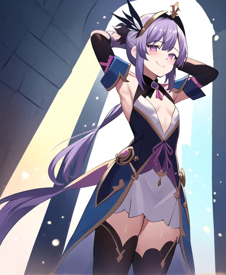 hinghoi, degenerate, digital illustration, incredibly absurdres, from below upskirt and (arms behind head:1.1), looking at viewer, mature female character, 1girl, (light smile and thinking), flat chest, no cleavage, light purple hair and white streaked hair, hair pulled back, folded ponytail, magenta eyes, wearing (fantasy style shoulder pads and helm:1.1), bell tower, finely detailed background, amazing background