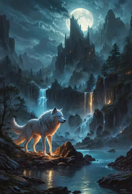 Under the eerie glow of a blue crescent moon,a dark and ominous landscape unfolds. A vibrant, a glowing white wolf stands by the edge of a serene lake, howling, its vivid hues contrasting starkly with the foreboding atmosphere. In the background,a waterfall cascades down jagged rocks,the water glistening in the moonlight. Thick,swirling clouds loom overhead,adding to the sense of an evil presence. The moonlight filters through the clouds,casting an otherworldly glow over the scene. The air is thick with mysticism,as if the very night holds ancient secrets and dark magic.  [romantic impressionism,dream scenery art,beautiful oil matte painting,romantic,style of thomas kinkade,beautiful digital painting,anime landscape,romantic painting,dreamlike digital painting,colorful painting,beautiful gorgeous digital art,style of greg rutkowski,janek sedlar,jenny saville:0]  <lora:vivid_everclear:0.35>  <lora:Sinozick:0.35>  <lora:MJ52:0.35>