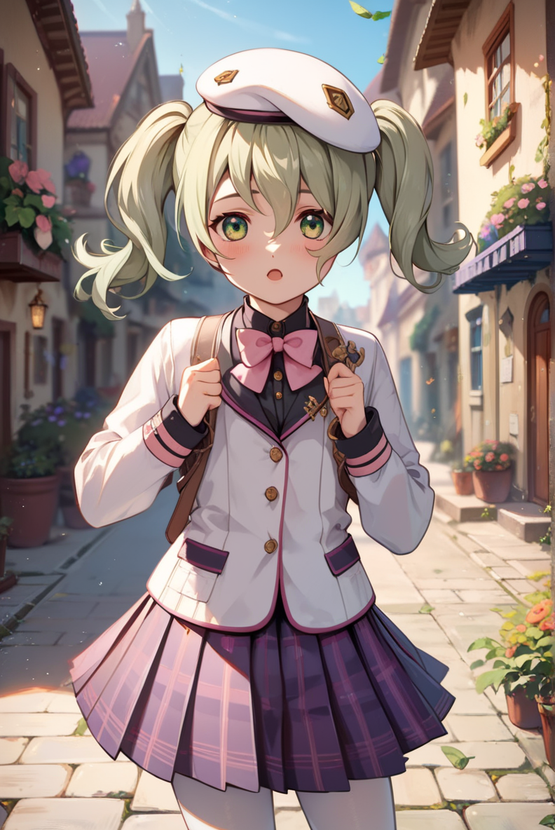score_9, score_8_up, score_7_up, very aesthetic, source_anime, detailed, high quality, beautiful, masterpiece, detailed eyes,
village, blurry background,
<lora:lightXL:0.8>
cowboy shot, upper body,
flat chest, 
blush, open mouth,
<lora:elizeX1_autismConfetti_v02:1> elize lutus, school uniform, white beret, twintails, light green hair, green eyes, pink bow, white blazer, pleated skirt, purple plaid skirt, white tights,  black shirt, long sleeves,, zPDXL