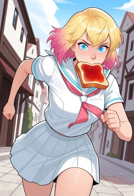 masterpiece ,best quality, amazing quality, GwenpoolMarvel, blonde hair, gradient hair, blue eyes, solo, 1girl, town, day, cowboy shot, looking at viewer, serafuku, skirt, toast in mouth, running, panic,