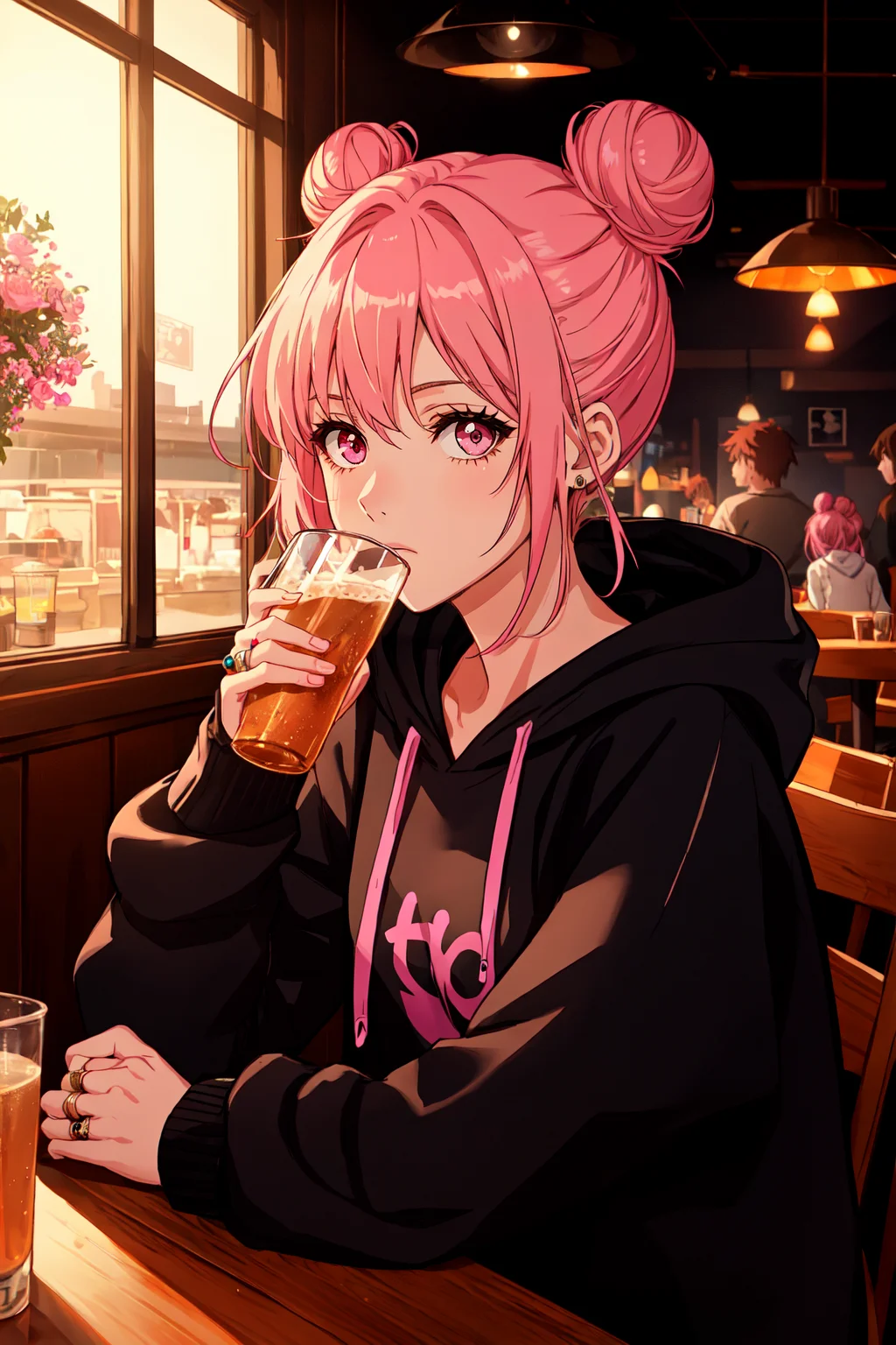 1girl, cone hair bun, pink hair, ring, pink eyes, drinking, hair bun, double bun, jewelry, long hair, genderless, mature, hooded sweatshirt, source_anime, looking at viewer, depth of field, indoors, cafe scene, sitting, cinematic angle,, cinematic lighting, dark, dark background,