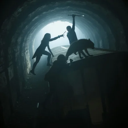 Selene the Deathbringer is shooting silver bullets at attacking Lycan werewolves while fighting on the roof of a subway wagon driving through a tunnel. the light is hazy and bright in the dark claustrophobic tunnel, giving an eerie and suspendful scene