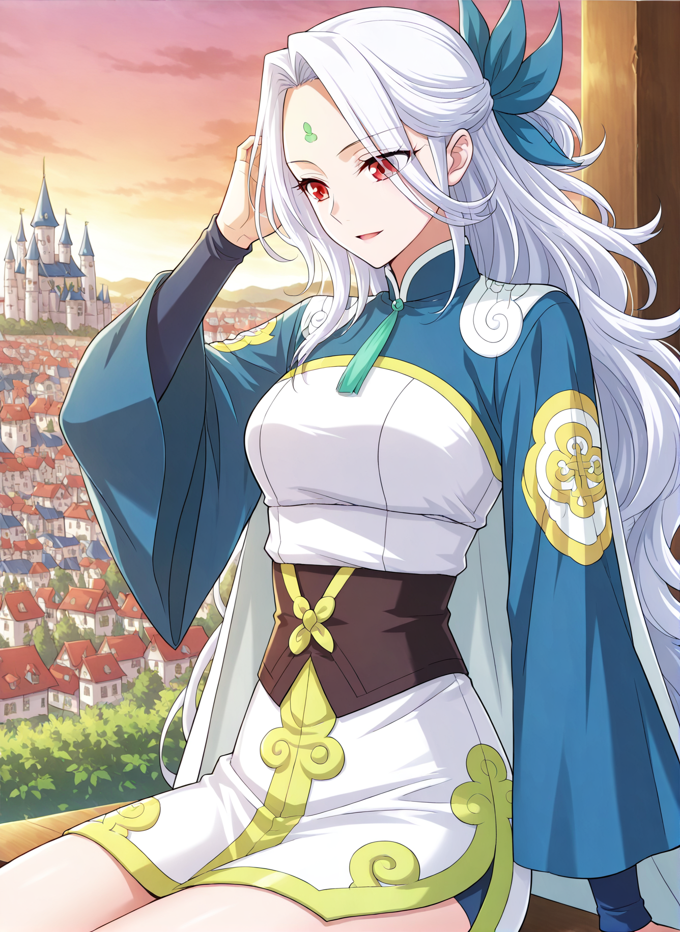 <lora:Yao_Ling__Battle_Through_the_Heavens__Illustrious:1>
1 girl, solo, long white hair, wavy hair, side ponytail with bow, half updo, red eyes, forehead mark, one hair strand sticking up, anime style, 
chinese dress, short dress, blue and white dress, lime green accents, high slit dress, long wide sleeves, blue sleeves, dark waist corset, emblem on sleeve, decorated dress hem, cape-like cloth behind, ornamental design, blue ribbon hair accessory, 
score_9, score_8_up, score_7_up, very aesthetic, source_anime, detailed, high quality, beautiful, masterpiece, detailed eyes, castle, village, blurry background, cityscape, pose dynamic angle, light smile, open mouth, hand on hair, sitting