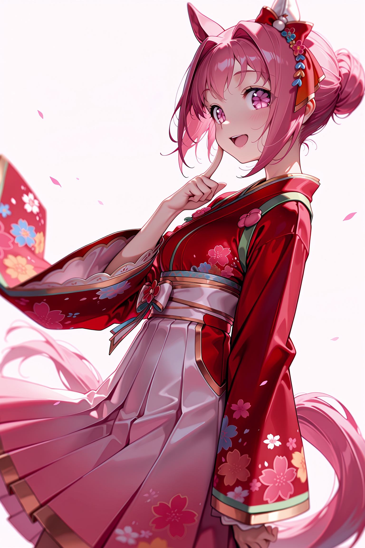 1girl, solo, haru urara \(first urara saku sakura\) \(umamusume\), horse girl, horse tail, 
smile, open mouth, jitome, 
standing, finger to cheek, 
white background, 
cowboy shot, from side, dutch angle, looking at viewer, <lora:firsturarasakusakuraillv1:0.9>,, masterpiece, best quality, amazing quality, very aesthetic, absurdres, highres, newest,<lora:xl_saturation_slider:0.1> <lora:add-detail-xl:1> <lora:illustriousXLv01_stabilizer_v1.121:0.4> <lora:reduce_wrinkles_illstriouosv0.1_ADDifT_2_in_1_v1.2:0.9>