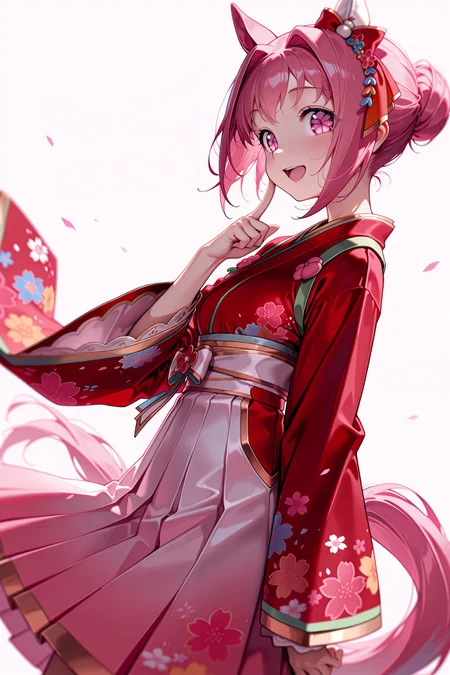 1girl, solo, haru urara \(first urara saku sakura\) \(umamusume\), horse girl, horse tail,
smile, open mouth, jitome,
standing, finger to cheek,
white background,
cowboy shot, from side, dutch angle, looking at viewer, <lora:firsturarasakusakuraillv1:0.9>,, masterpiece, best quality, amazing quality, very aesthetic, absurdres, highres, newest,<lora:xl_saturation_slider:0.1> <lora:add-detail-xl:1> <lora:illustriousXLv01_stabilizer_v1.121:0.4> <lora:reduce_wrinkles_illstriouosv0.1_ADDifT_2_in_1_v1.2:0.9>