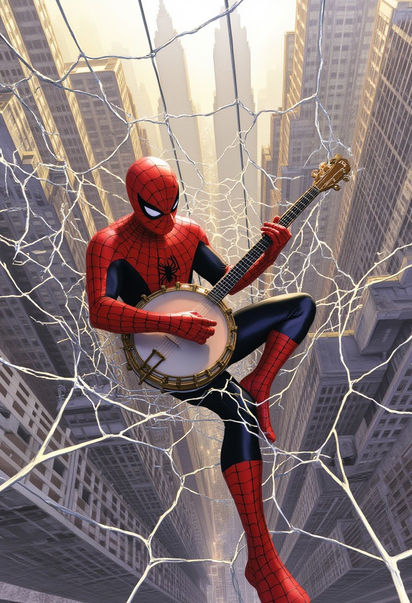 AlexRossstyle, spider-man lounging on a vast intricate spider web suspended between sky scrapers, he is playing the banjo with a joyful demeanor, musical notes playfully dancing from within the instrument