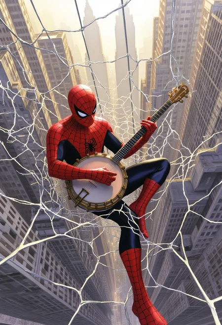 AlexRossstyle, spider-man lounging on a vast intricate spider web suspended between sky scrapers, he is playing the banjo with a joyful demeanor, musical notes playfully dancing from within the instrument