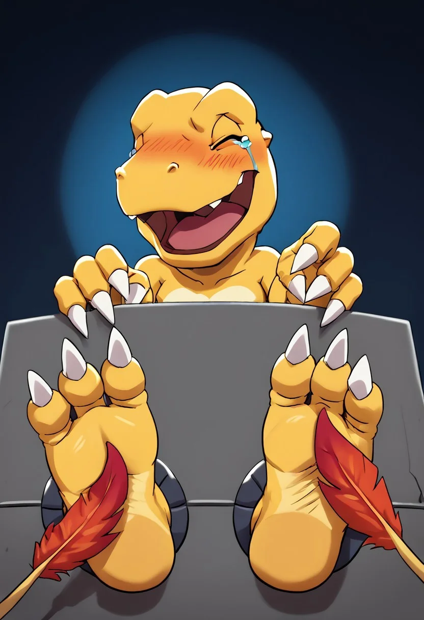 score_9,score_8_up, <lora:OtherStyle_01:0.6>, .paws through wall. ((three toes with claws)), soft soles, ((cute feet)), toes curling. paws wiggling, paws shaking.
((((face on monitor)))). (agumon, blushing, laughing hard, nervous, ticklish, embarrassed, head turned, mouth open, eyes closed, tears.)
((tickling agumon's feet with a single feather))
((detailed, anime, masterpiece, dynamic lighting.))