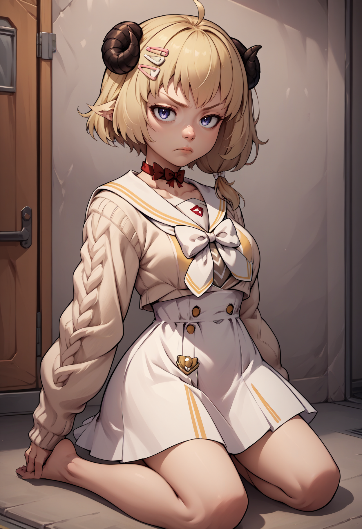 score_9, score_8_up, score_7_up, score_6_up, score_5_up, score_4_up, rating_questionable, BREAK, kneeling, <lora:CHAR-TsunomakiWatamePonyXL:.95> WatameCasual, ahoge, side ponytail, short hair, hairclip, vertical-striped dress, white skirt, high-waist skirt, sailor collar, red choker, white bow, white cardigan, amused <lora:mfcgXL:.5>