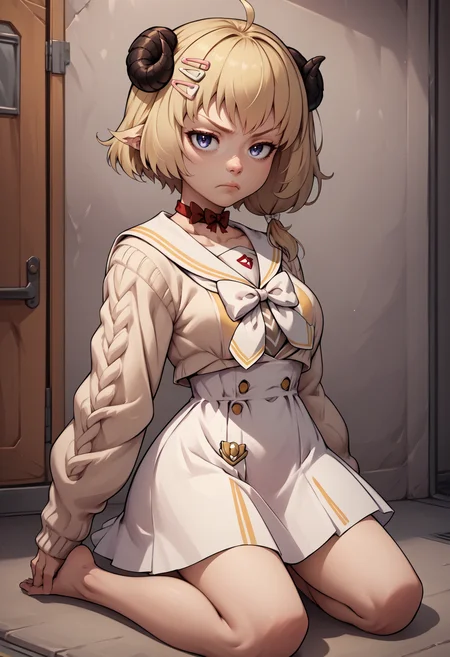 score_9, score_8_up, score_7_up, score_6_up, score_5_up, score_4_up, rating_questionable, BREAK, kneeling, <lora:CHAR-TsunomakiWatamePonyXL:.95> WatameCasual, ahoge, side ponytail, short hair, hairclip, vertical-striped dress, white skirt, high-waist skirt, sailor collar, red choker, white bow, white cardigan, amused <lora:mfcgXL:.5>