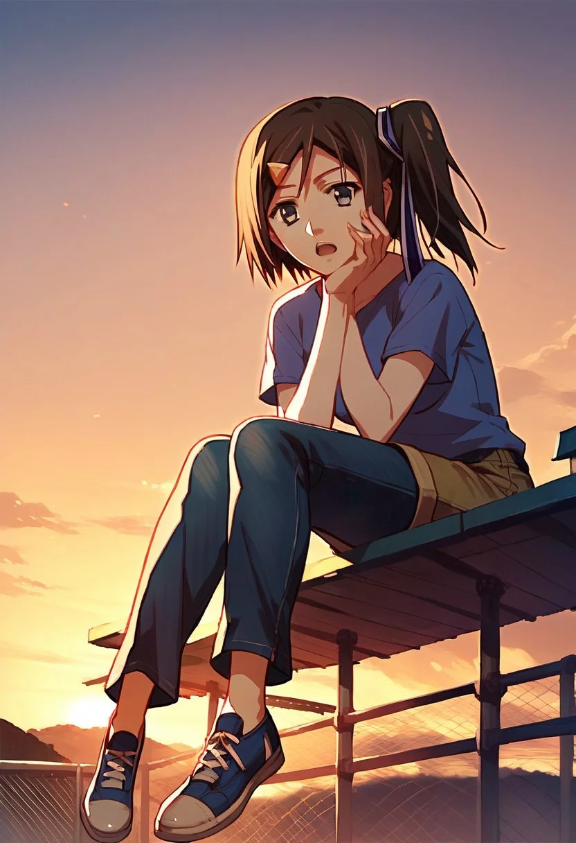 score_9,score_8_up,score_7_up,source_anime, Hatsuna Wakabayashi,1girl,solo,open mouth,shirt,sitting,full body,short sleeves,shoes,shorts,hand on own face,sunset,