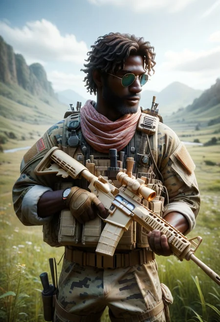 score_9, score_8_up, score_7_up, score_6_up, score_5_up, score_4_up, masterpiece, trending on artstation, high quality, Pixel-perfect precision, pristine detail, 8K resolution, high fidelity, Insane quality, <lora:Holding_Weapon_Lora_-_For_Pony_models:1> ho1ding-weap0n, 1boy, holding rifle, military, standing