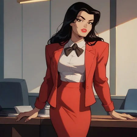 safe_pos, score_9, score_8_up, score_7_up, solo, 1girl, lipstick, black hair, long hair, dark brown eyes, suit, red jacket, white shirt, red pencil skirt, black bowtie, formal, looking at viewer, breast, Candice (dc), office