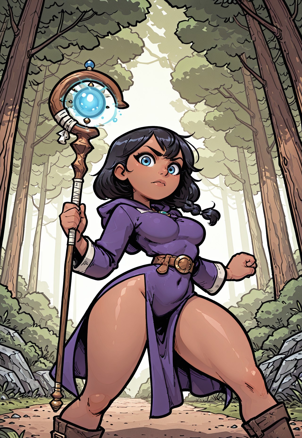 comicbook style,Masterpiece,amazing quality,4k,high resolution,ultra-detailed,newest,best quality,1girl,mage,hood,purple robe,long sleeves,boots,staff,holding staff,covered navel,medium breasts,black hair,side braid,hood down,dark skin,blue eyes,loose belt,thighs,boots,action pose, dynamic pose,casting magic,forest,(daytime:1),(dappled shadows:0.3),dynamic angle,glow,rim light,available light,face focus,looking at viewer,spotblack