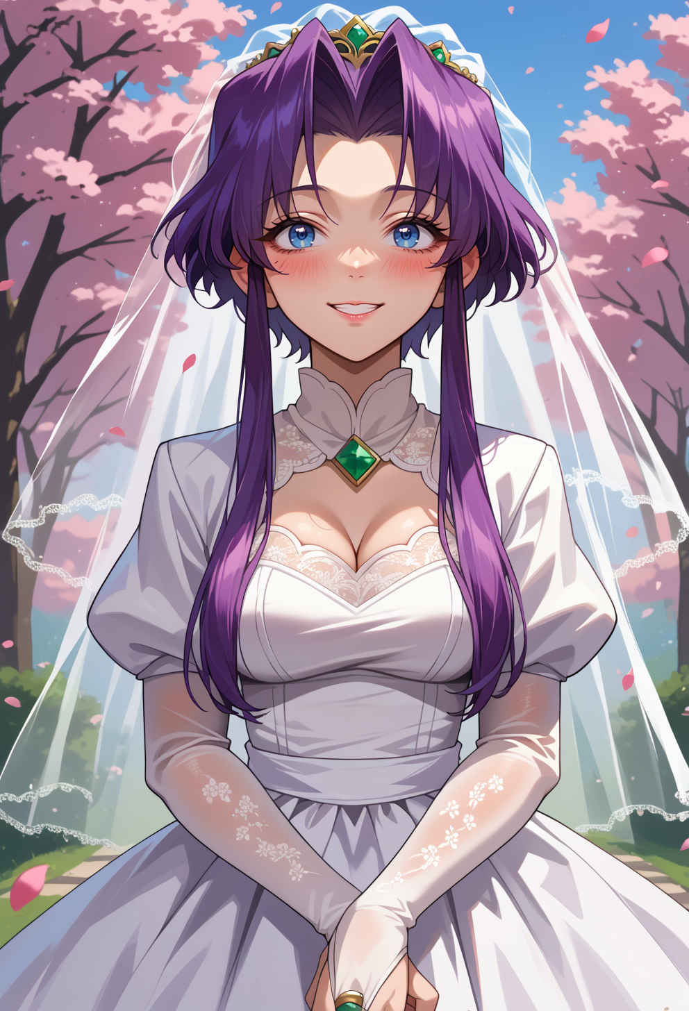 score_9, score_7_up, source_anime, BREAK <lora:AECherry-000009:0.8> AECherry, blue eyes, purple hair, , low-tied sidelocks, short hair with long locks, outdoors, smile, floral arch, v arms, wedding dress, bridal veil, light blush, cherry blossoms, falling petals, full-face blush, bridal gauntlets, bride, lace-trimmed dress, see-through cleavage, juliet sleeves,