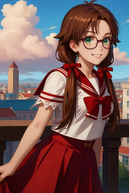 score_9, score_8_up, score_7_up, score_6_up, source_anime, 1girl, solo, <lora:roroaamidonia-pdxl-nvwls-v1-000005:1> roroa, brown hair, long hair, low twintails, green eyes, hair ribbon, white shirt, red sailor collar, red skirt, medium breasts, blue sky, clouds, looking at you, glasses, smile, hair over shoulders, city