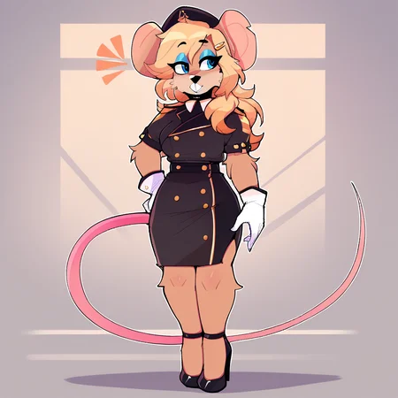 score_9_up, score_8_up, score_7_up, score_6_up, furry female, full-length portrait, by remanedur, ela novabay, female, furry, mouse, blue eyes, blue eyeshadow, blonde hair, long hair, tail, white gloves, headwear, (headgear), high heels, salute, looking aside, hairclip, white naval uniform, standing, (solo), three-quarter view, head tilt, <lora:Leah_Pines(AIM)_XL_v1:1>, <lora:PDXL_artist_tags_v2_big:0.8> <lora:The-Minuscule-Task_PDXL_v1.0:0.8> <lora:Ela_Novabay_WirelessShiba:0.35>