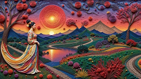a chinese woman celebrating chinese new year day beautiful landscape, evening, woman, very intricate, very detailed, sharp, bright, colorful, <lora:Hand v2:0.5> <lora:Anti-Blur:1><lora:Insane Detail Slider:0.25> <lora:flux.1_lora_flyway_Epic-detail_v2:0.3><lora:fluxenhancer:0.3> <lora:Paper_quilling_and_layering_style_v2:1.1> Paper Quilling, Layered Paper