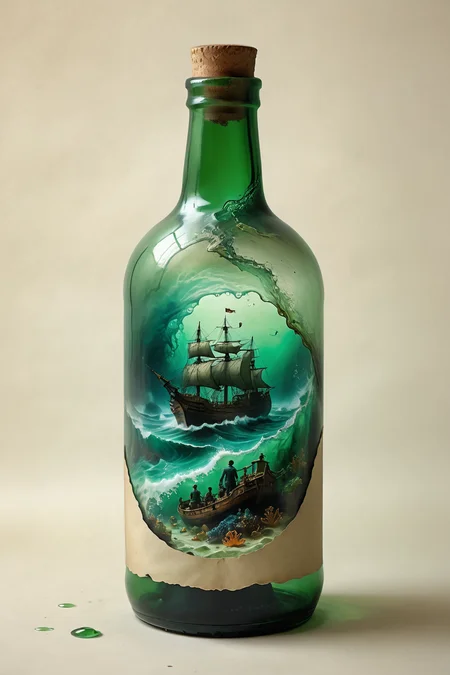 best quality, high quality, (detailed schematic:1.3), (realistic, photorealistic, absurdres:1.2), complex, <lora:l30_1___XL2400_lora_f32:3>, (chaos:1.3), dark water, deep ocean, darkness, shadows <lora:p10trXLP:0.4> p10tr <lora:ParchartXL_CODA:0.4> on parchment, <lora:Lunas-NijiJourney-SDXL-B2:1> nijijourney, dynamic pose, in a bottle, trapped, behind green glass, <lora:blurXLP:1> blur