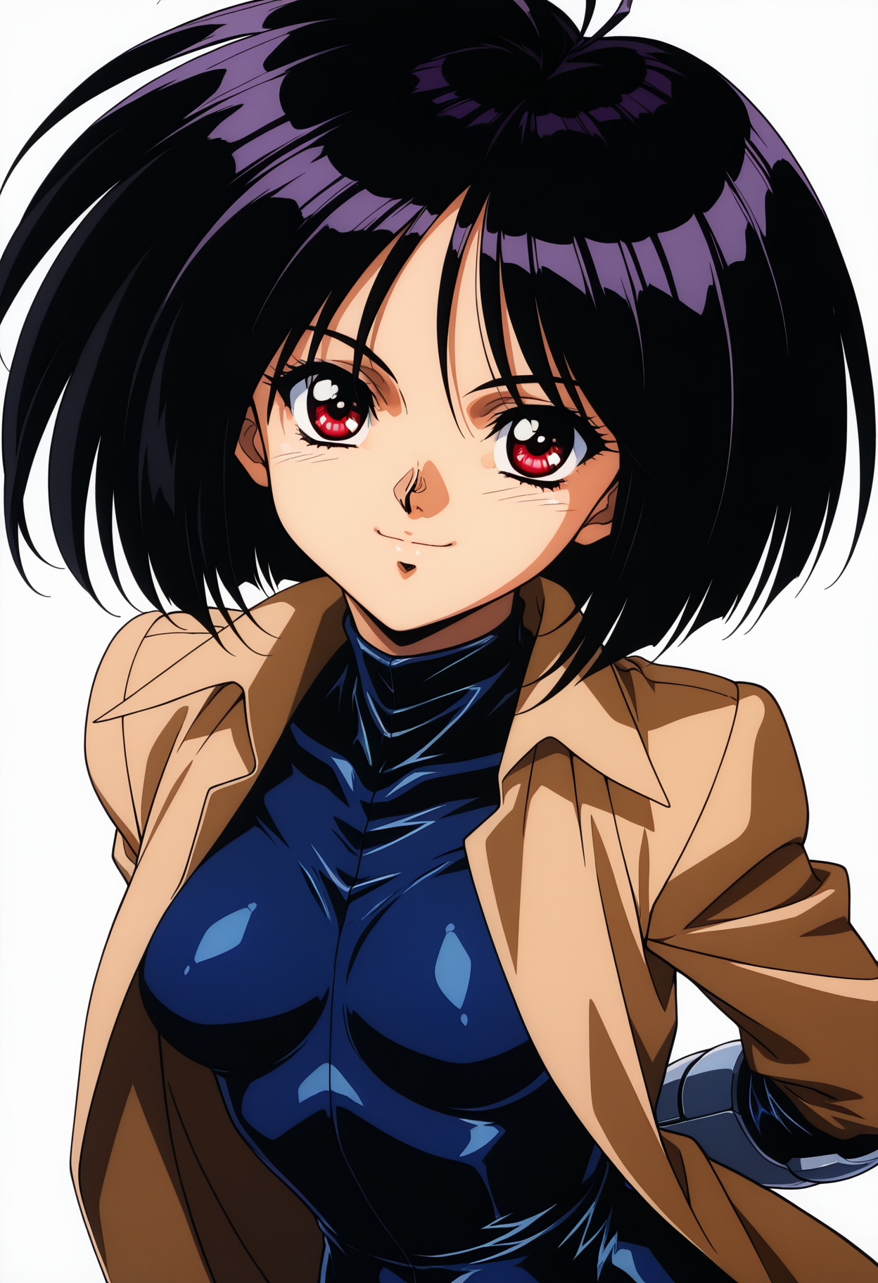 masterpiece, best quality,  absurdres, highres, cinematic light, 1girl, old, solo, <lora:gally-Illustrious:1> gally_wz, short hair, bob cut, black hair, red eyes, antenna hair, brown coat, bodysuit, mechanical hands, 1990s \(style\), retro artstyle,upper body, looking at viewer, smile, arms behind back, simple background, white background, anime screencap, anime coloring