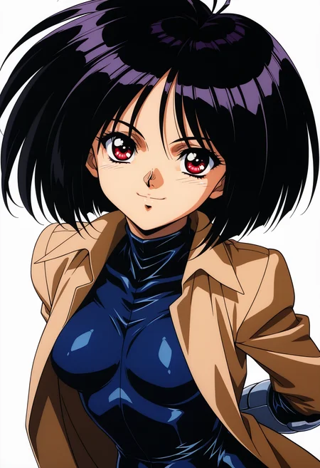 masterpiece, best quality,  absurdres, highres, cinematic light, 1girl, old, solo, <lora:gally-Illustrious:1> gally_wz, short hair, bob cut, black hair, red eyes, antenna hair, brown coat, bodysuit, mechanical hands, 1990s \(style\), retro artstyle,upper body, looking at viewer, smile, arms behind back, simple background, white background, anime screencap, anime coloring