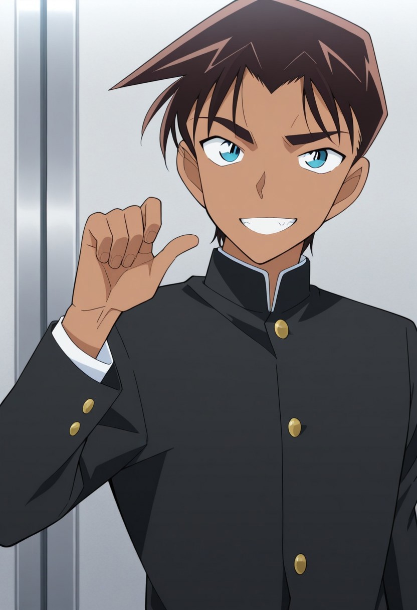 masterpiece,best quality,amazing quality, source_anime,
heijihattori, 1boy, solo, male focus, gakuran, school uniform, blue eyes, smile, grin, looking at viewer, upper body, long sleeves, dark skin, dark-skinned male, brown hair,
