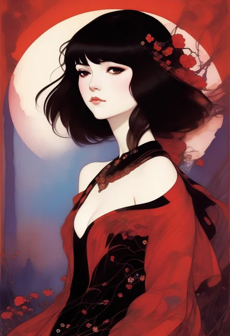 ,tj,LocationInformation,in the style of 2d game art,characterized girl,dmitry vishnevsky, black and red,cute and dreamy,editorial illustrations,kawai girl ,detailed drawing,