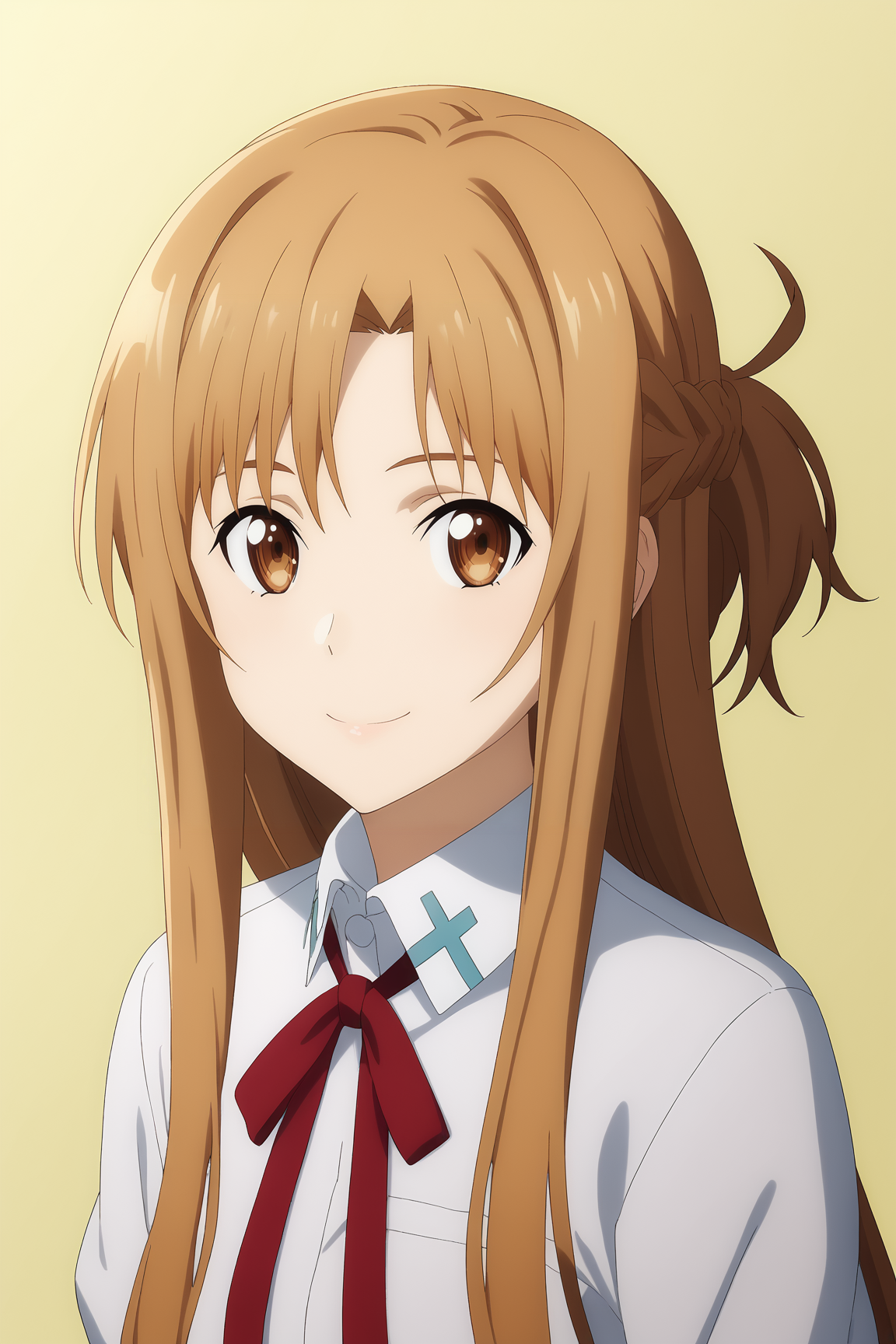 score_9, score_8_up, score_7_up, source anime, prefect lighting, very aesthetic, BREAK, anime coloring, anime screencap, official art, 
<lora:asuna_sao_v2-pdv6:1>, 1girl, asuna \(sao\), sword art online, brown eyes, brown hair, 
portrait, upper body, white shirt, 
BREAK, looking at viewer, smile,
BREAK,