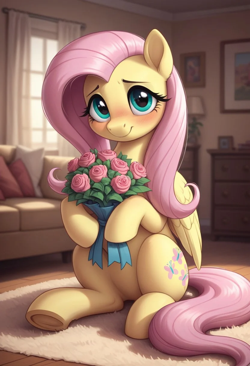 score_9, score_8_up, score_7_up, score_6_up, pony, pegasus, feral, mare, solo, (fluttershy), (shy face, shy), no breasts, living room, indoors, (sunny day), tail, photo_realistic, blushing female, looking at you, dynamic pose, dramatic angle, face focus, (bouquet of roses, holding bouquet with both hooves:1.3), (sitting)