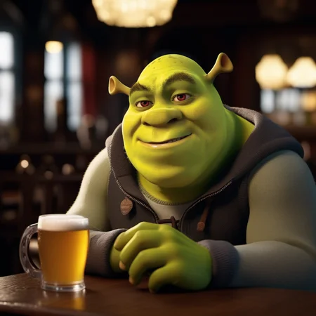 Shrek1024, wears a puffy jacket and a tracksuit, drink a beer in an english pub, detailed eyes, highly detailed, photography, ultra sharp, film, bokeh, professional, 4k <lora:Shrek1024:0.8> <lora:add-detail-xl:1.5>