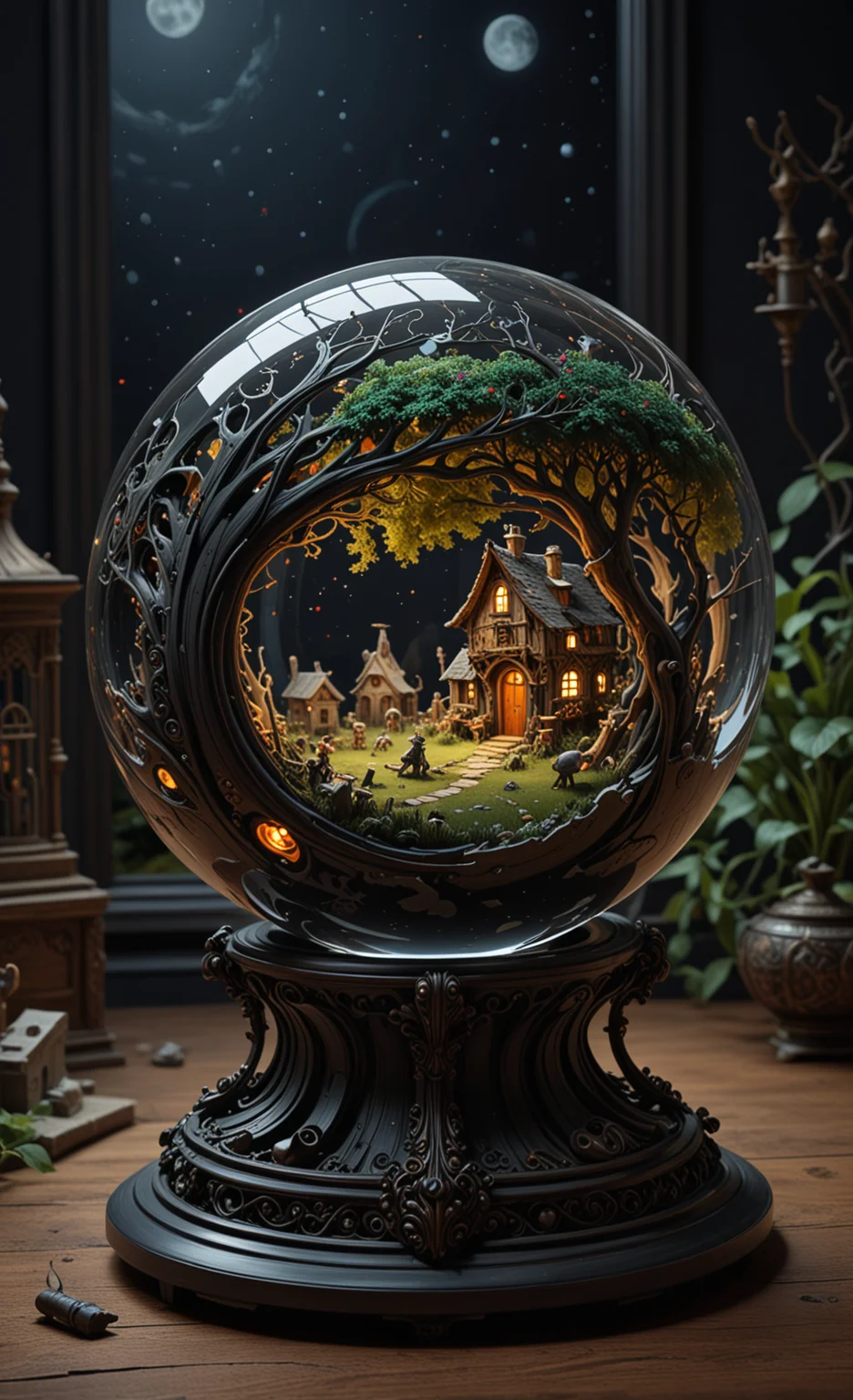 A glass sphere sculpture, concealed inside the sphere is a Hobbits village, in the dark, detailed image, 8k high quality detailed, the moon, shaped sphere, amazing wallpaper, digital painting highly detailed, 8k UHD detailed oil painting, beautiful art UHD, focus on full glass sphere, bokeh, background Modifiers: extremely detailed Award winning photography, fantasy studio lighting, photorealistic very attractive beautiful imperial colours ultra detailed 3D, (Very Intricate), UHD, <lora:3D_Framed_Wall_Art_-_By_DICE:1>, (3D Framed, Macabre)