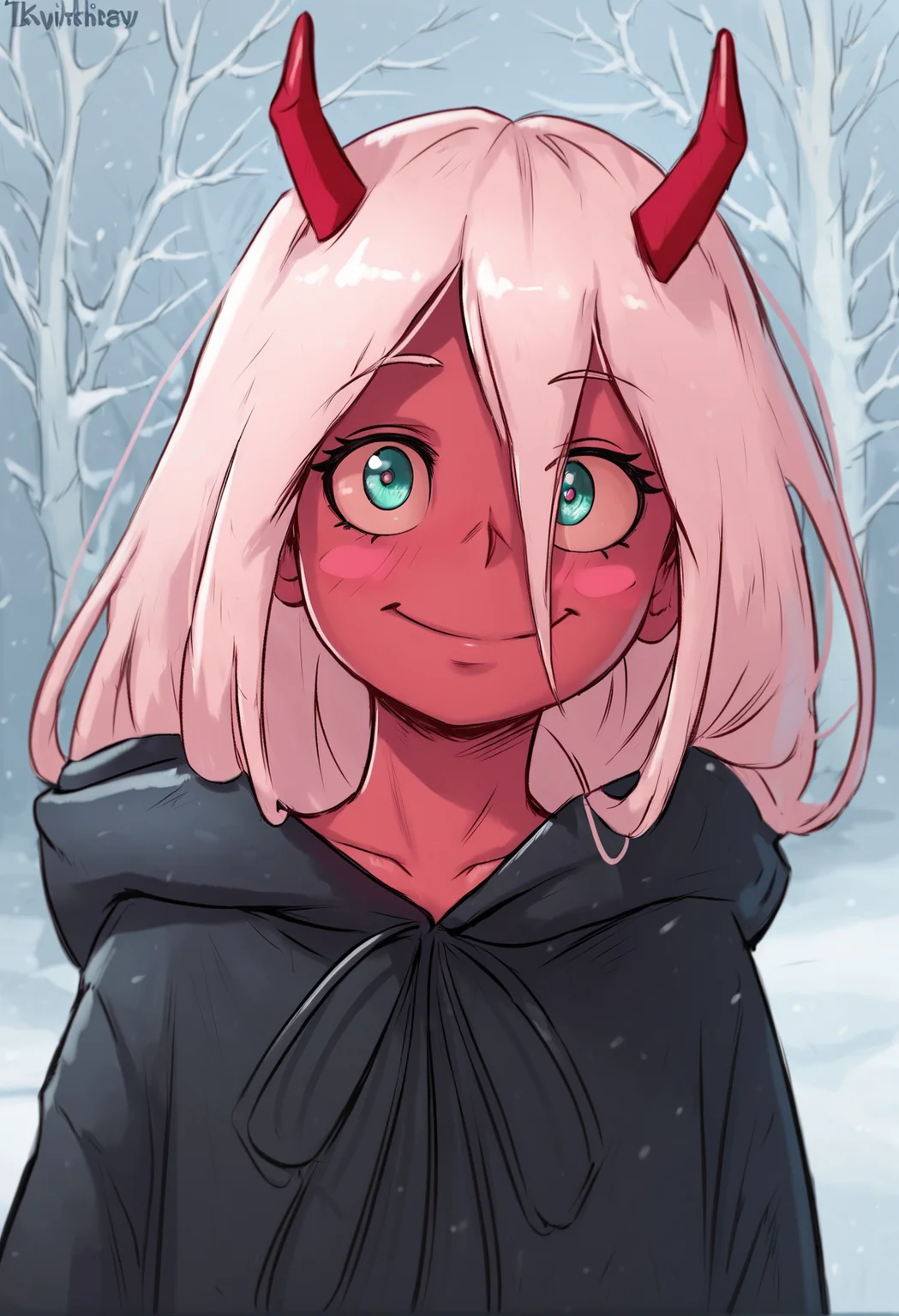 (score_9, score_8_up), score_7_up, zPDXL, Zero Two, 1girl, masterpiece, best quality, long hair, (red skin), red horns, pink hair, green eyes, colored sclera, <lora:Zero_Two_Oni_XL_Pony_Edition:1>, black robe, upper body, smile, blushing, looking away, outdoors, forest, snow, winter, <lora:GreatM8_Style_XL_Pony_Revision:1>, greatm8 style
