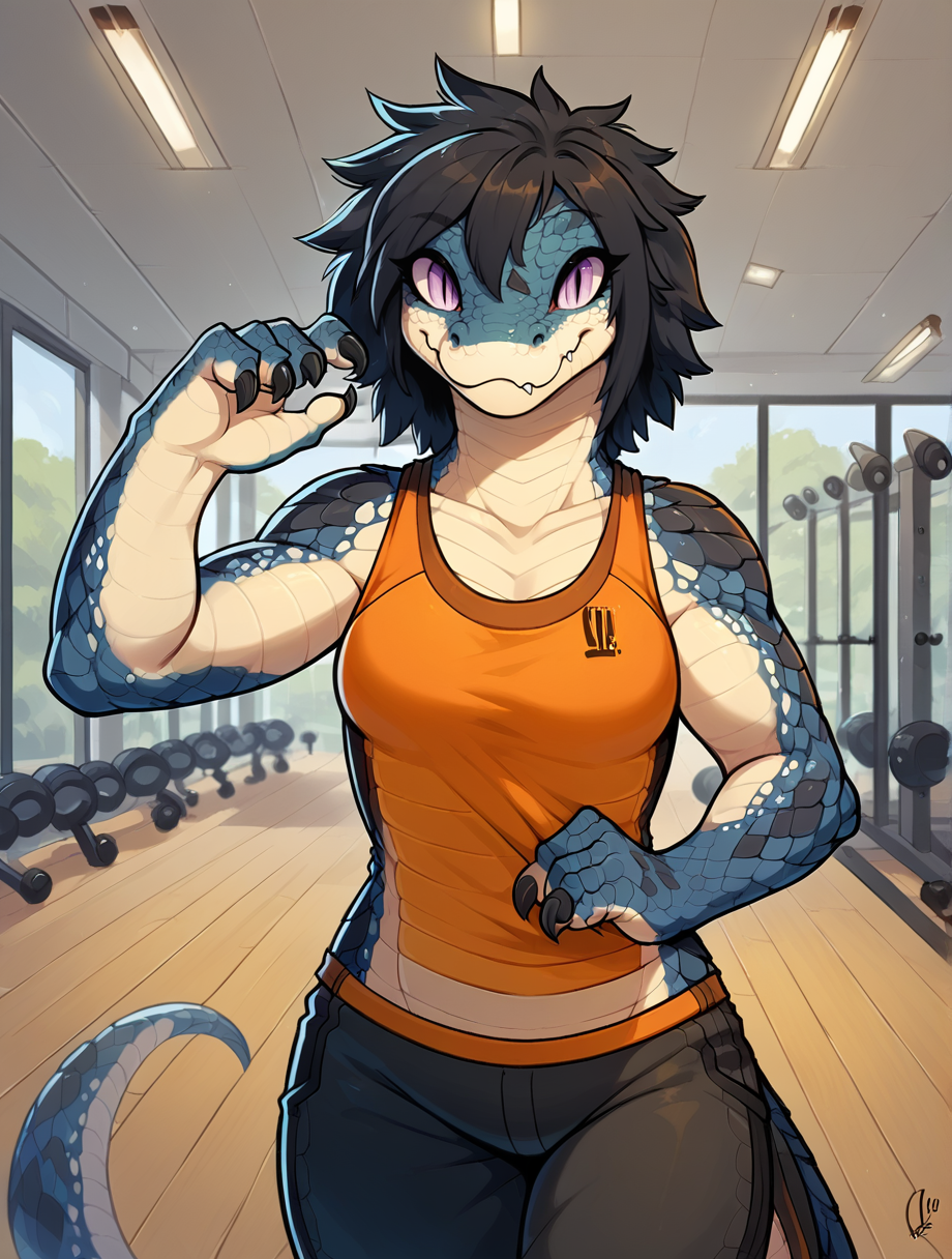 score_9_up, score_8_up, score_7_up, rating_safe, solo focus, dynamic pose, cowboy shot, pov, 1girl, female, anthro, scalie, rattlesnake, rattle (anatomy), slit pupils, scales, <lora:MegaScalyPonyV2:.7>, MegaScalyPony, claws, medium hair, pitch black hair, lavender eyes, small breasts
, indoors, in a gym, <lora:lowlight:.5>, dusk, <lora:Style_Vador-San_PONY_XL:1>